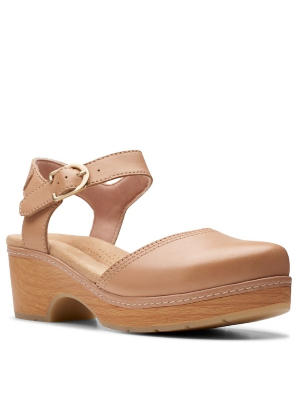 Clarks Paizlee Bay Tan Leather Ankle-Strap Clog Sandals Wood Effect Size 8.5